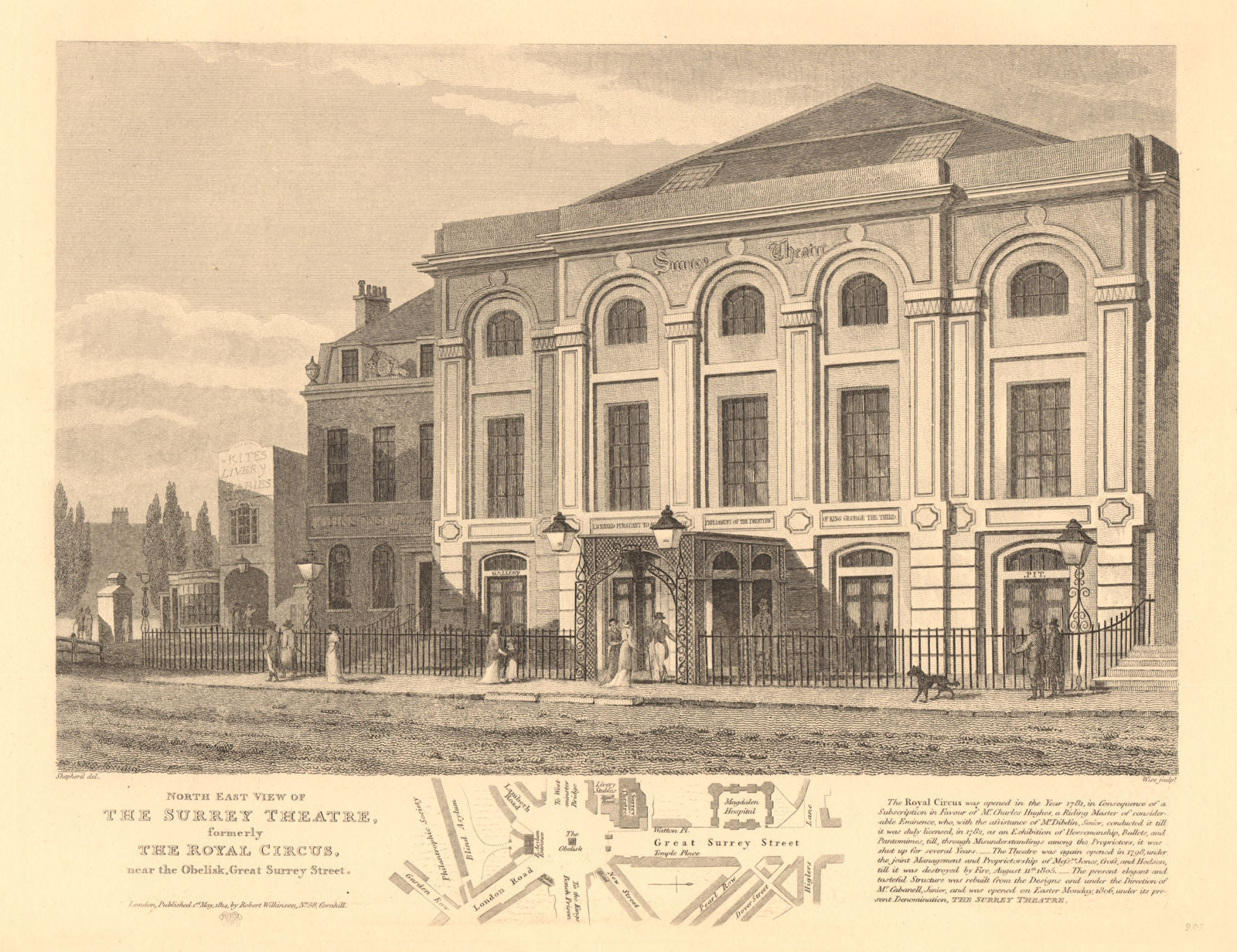 SURREY THEATRE (ex-ROYAL CIRCUS), Lambeth. ST GEORGE'S CIRCUS plan 1834 map